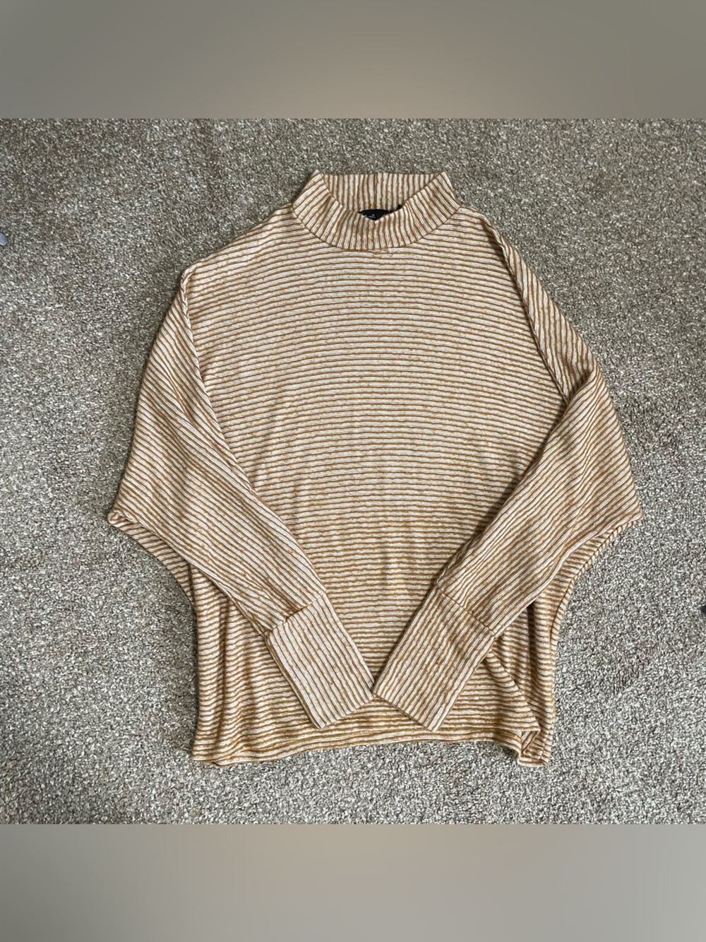 Urban Outfitters Women's Brown/White Striped Rib-Knit Mock Neck Sweater L